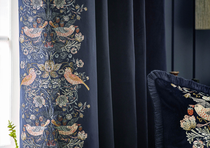 Strawberry Thief Embroidery Pencil Pleat, Indigo - Ready Made Curtains - Image 5